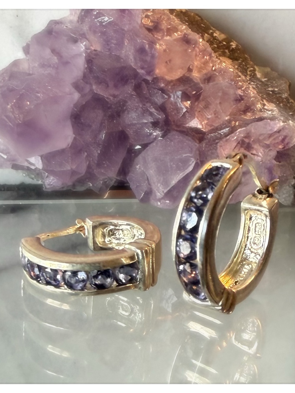 Gold-Tone Hoop Earrings with Lavender Crystal Inlay